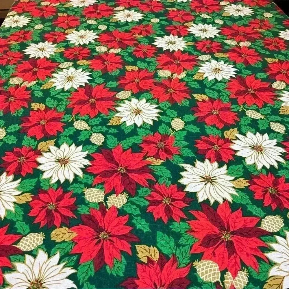 VTG Christmas Tablecloth Poinsettias Holiday Pinecone Red Green Gold 77in x 55in